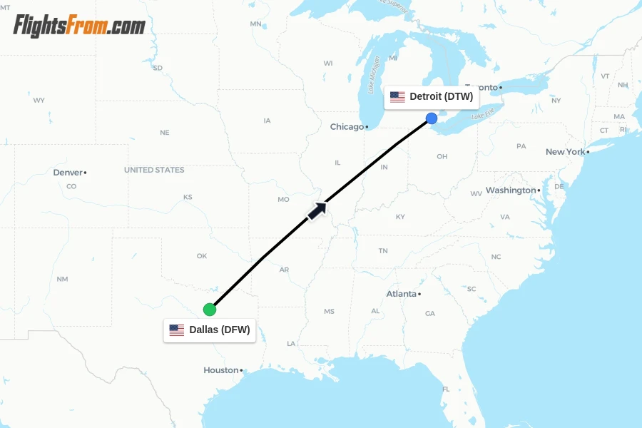 Flights from Dallas to Detroit route map