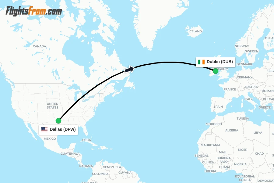 Flights from Dallas to Dublin route map
