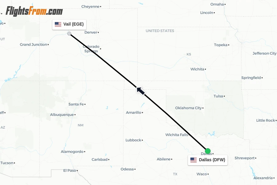 Flights from Dallas to Vail route map
