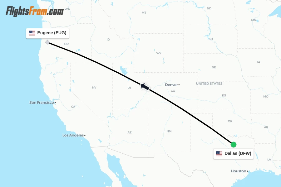 Flights from Dallas to Eugene route map