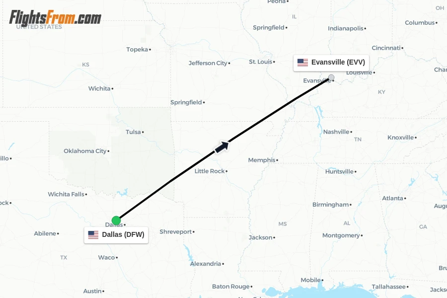 Flights from Dallas to Evansville route map