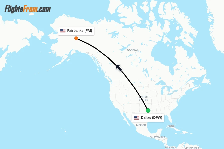 Flights from Dallas to Fairbanks route map