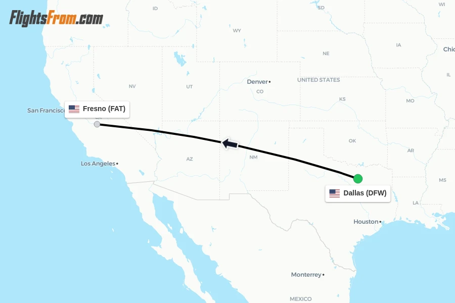 Flights from Dallas to Fresno route map