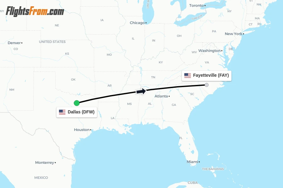 Flights from Dallas to Fayetteville route map