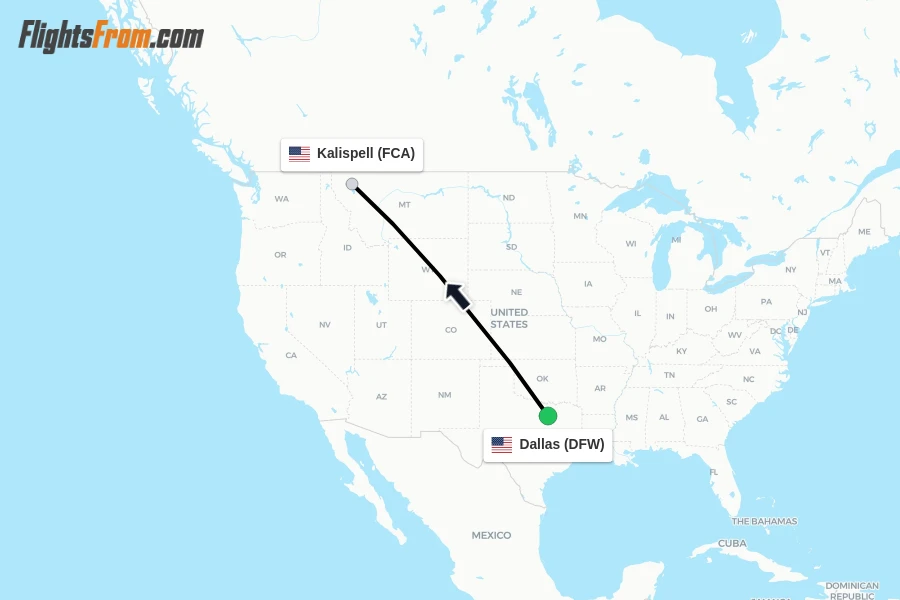 Flights from Dallas to Kalispell route map