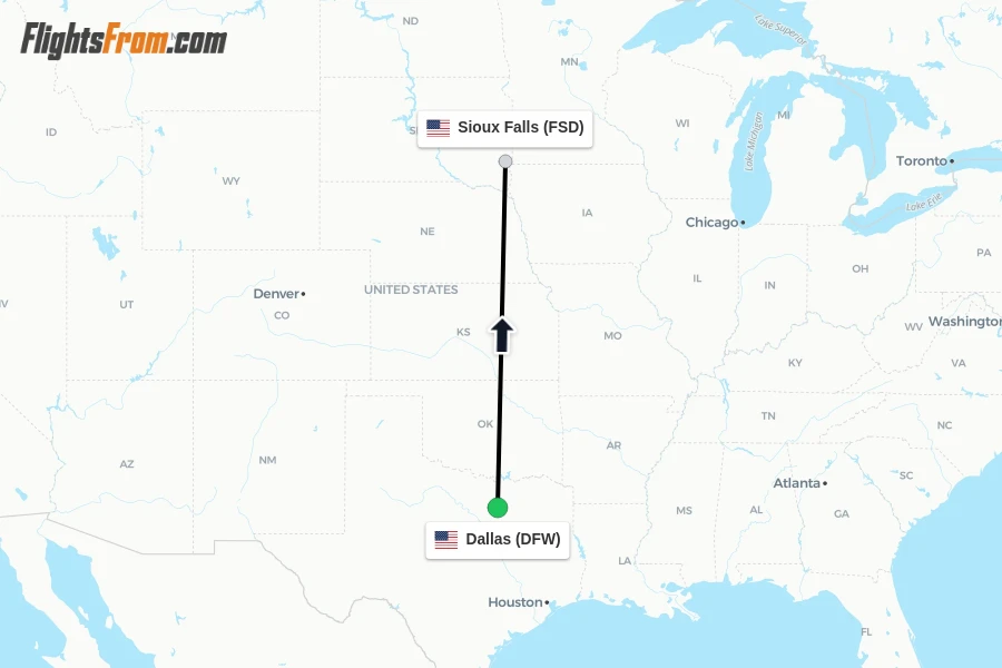 Flights from Dallas to Sioux Falls route map
