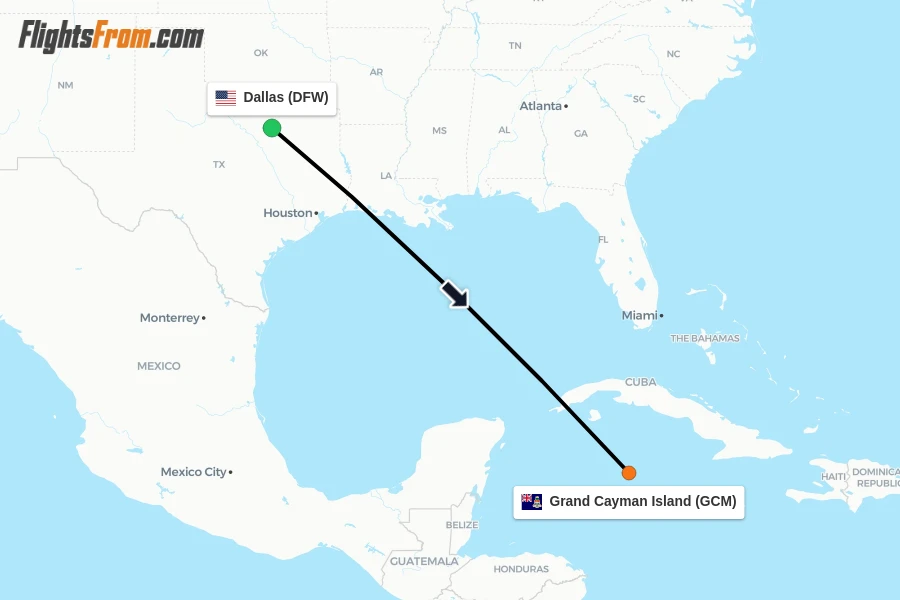 Flights from Dallas to Grand Cayman Island route map