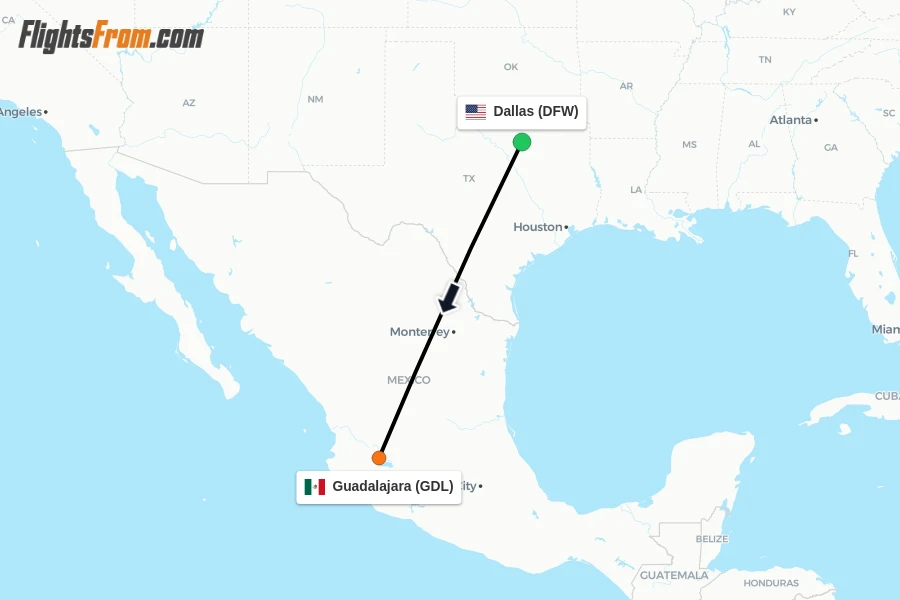Flights from Dallas to Guadalajara route map