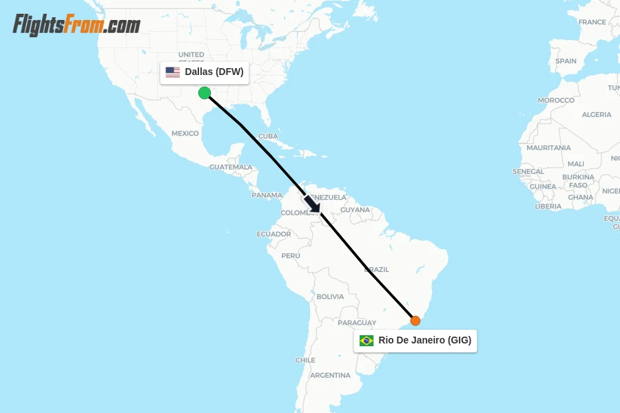 Flights from Dallas to Rio De Janeiro route map