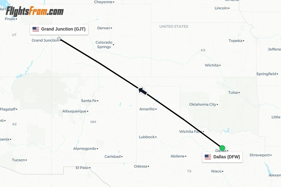 Flights from Dallas to Grand Junction route map