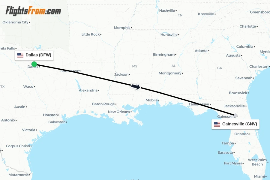Flights from Dallas to Gainesville route map
