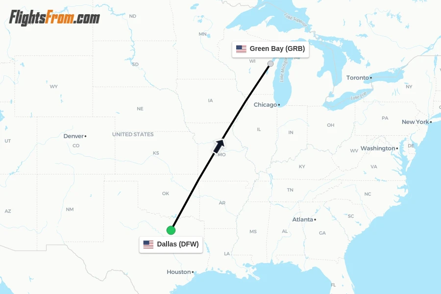 Flights from Dallas to Green Bay route map