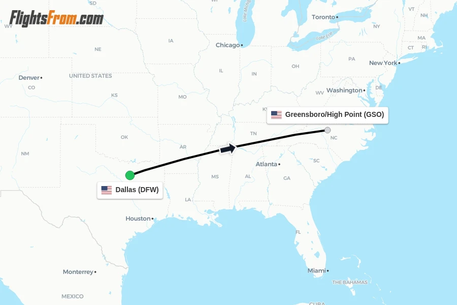 Flights from Dallas to Greensboro/High Point route map