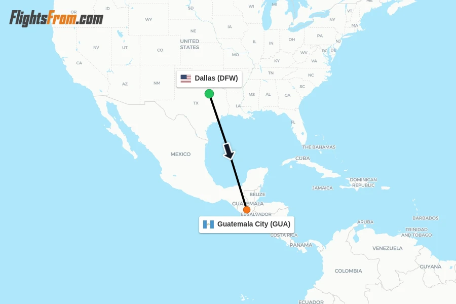 Flights from Dallas to Guatemala City route map