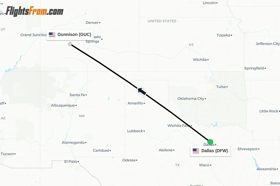 Flights from Dallas to Gunnison route map