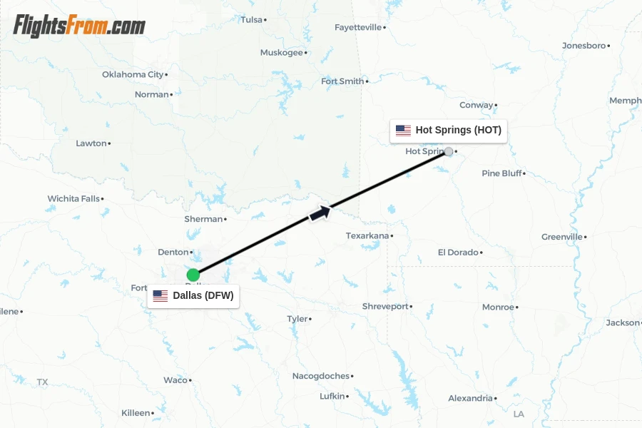 Flights from Dallas to Hot Springs route map