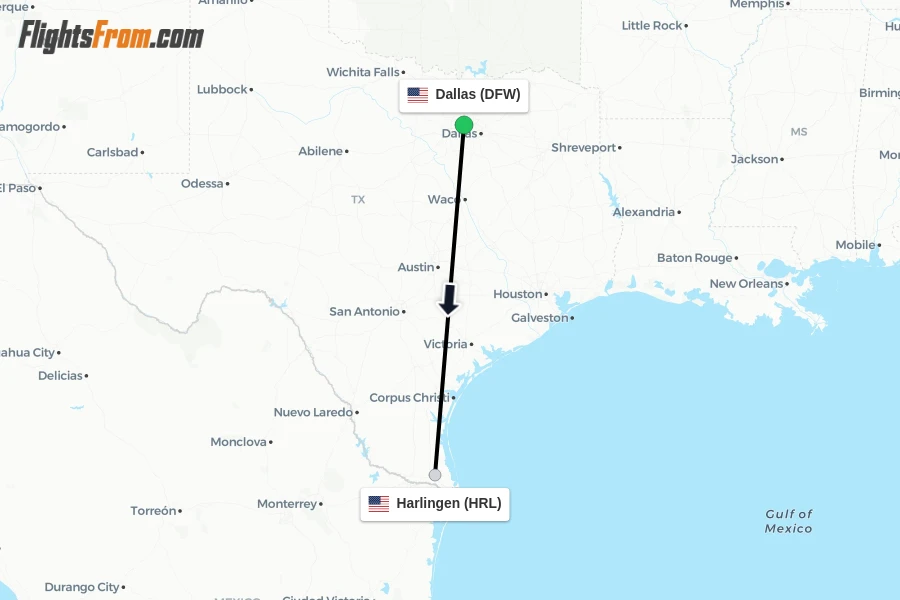 Flights from Dallas to Harlingen route map