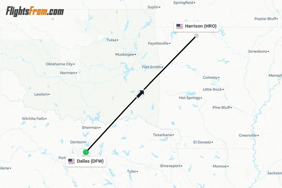 Flights from Dallas to Harrison route map
