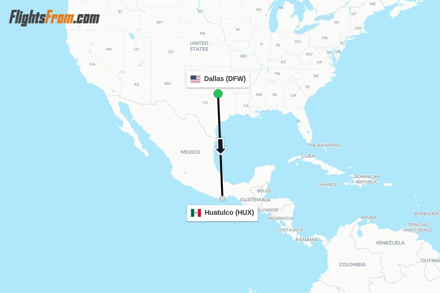 Flights from Dallas to Huatulco route map