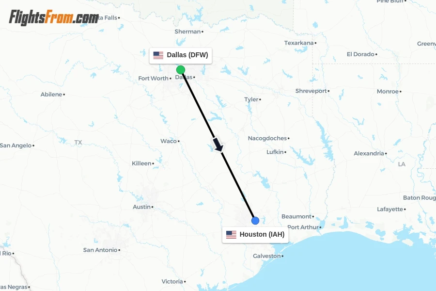 Flights from Dallas to Houston route map