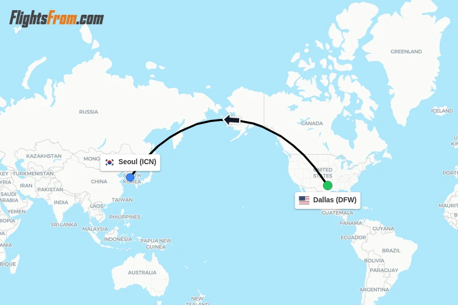 Flights from Dallas to Seoul route map