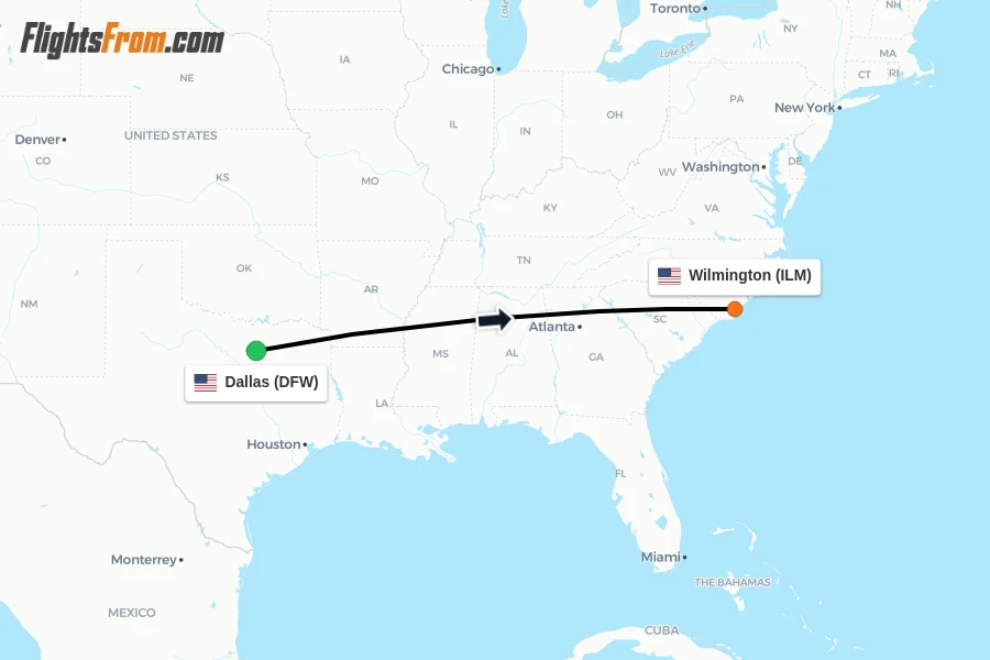 Flights from Dallas to Wilmington route map