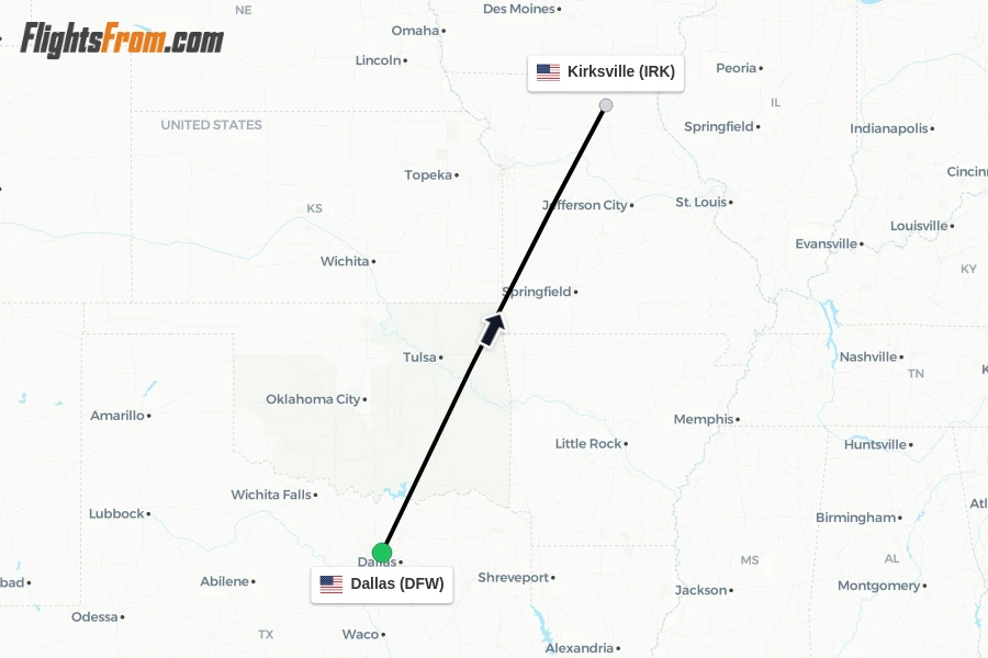 Flights from Dallas to Kirksville route map