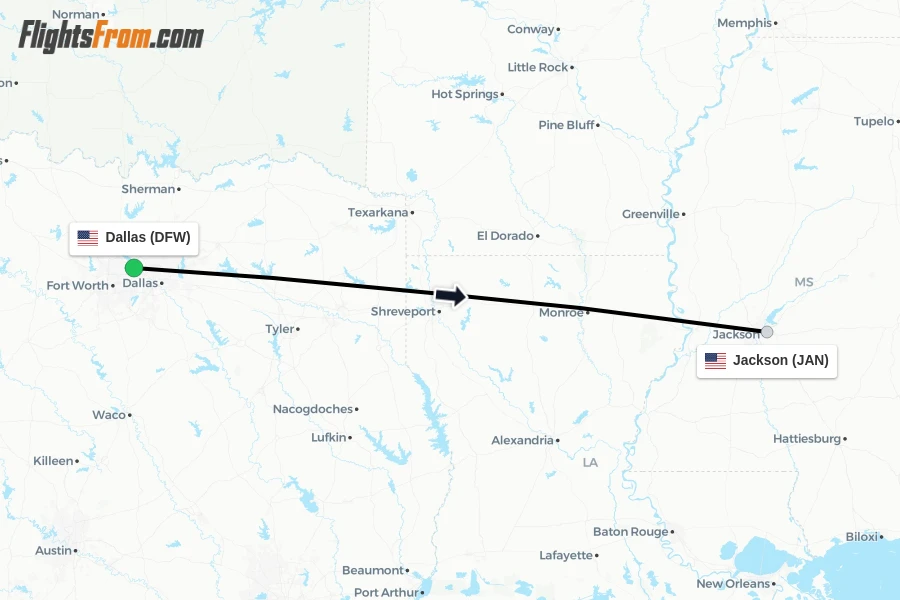 Flights from Dallas to Jackson route map
