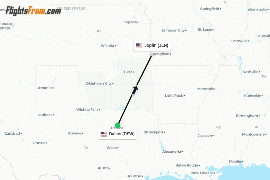 Flights from Dallas to Joplin route map