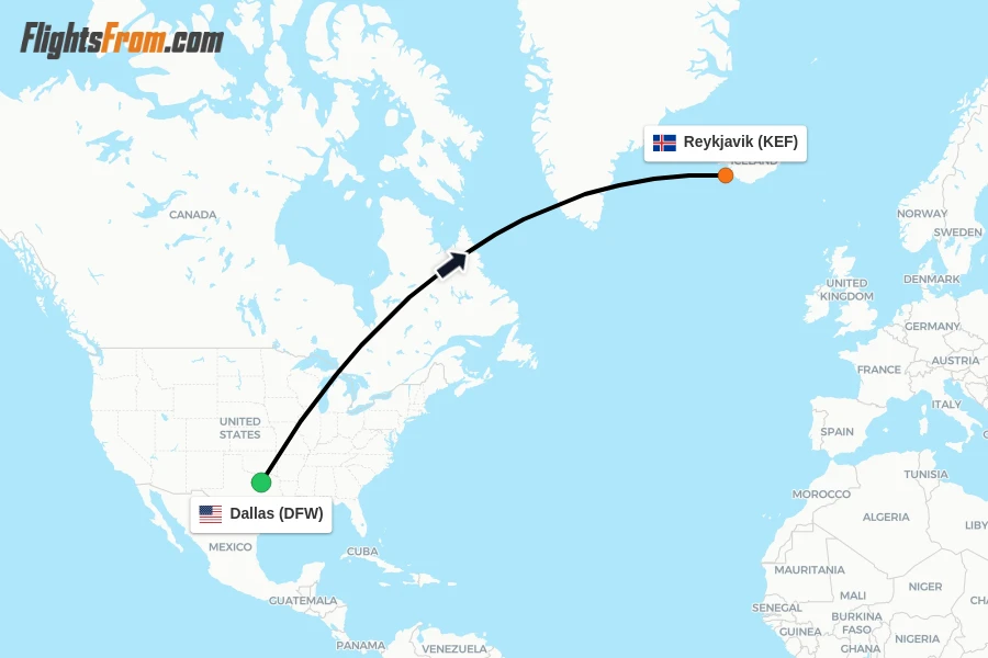 Flights from Dallas to Reykjavik route map
