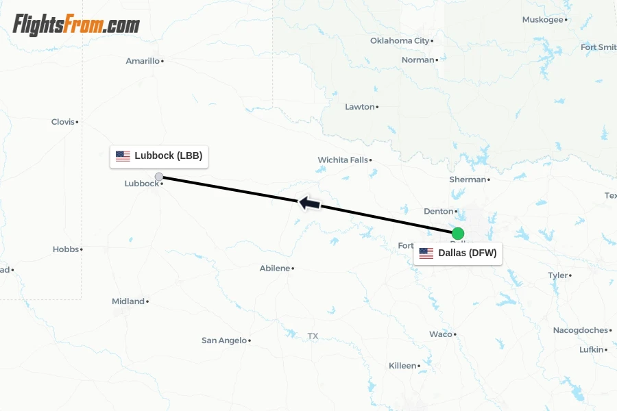 Flights from Dallas to Lubbock route map