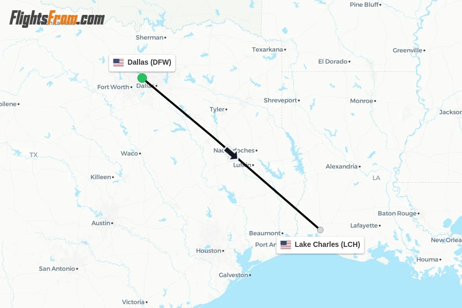 Flights from Dallas to Lake Charles route map