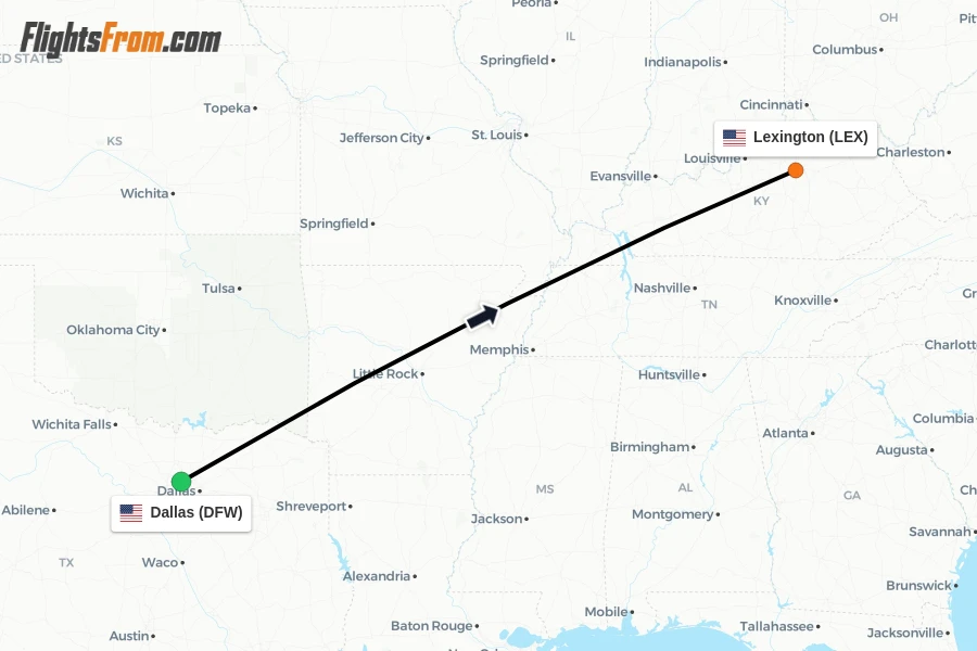 Flights from Dallas to Lexington route map