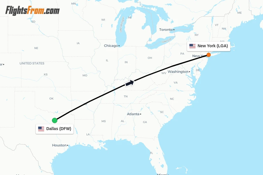 Flights from Dallas to New York route map