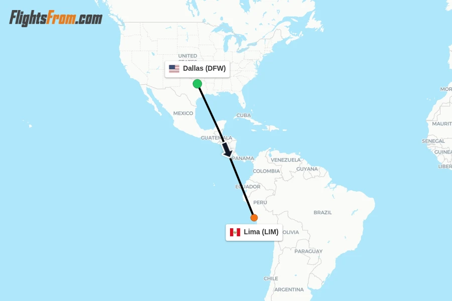 Flights from Dallas to Lima route map