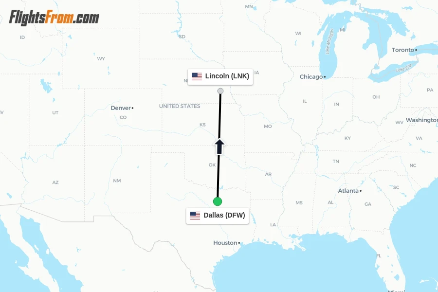 Flights from Dallas to Lincoln route map