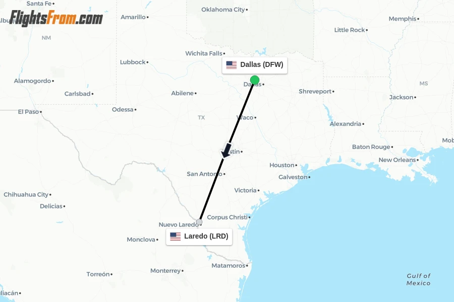 Flights from Dallas to Laredo route map