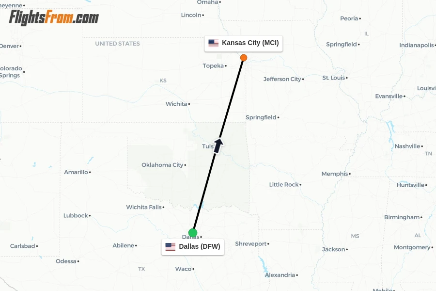 Flights from Dallas to Kansas City route map