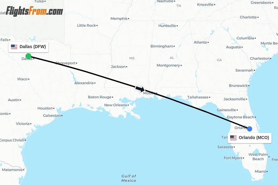 Flights from Dallas to Orlando route map