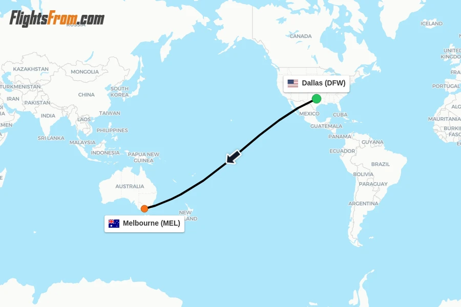 Flights from Dallas to Melbourne route map