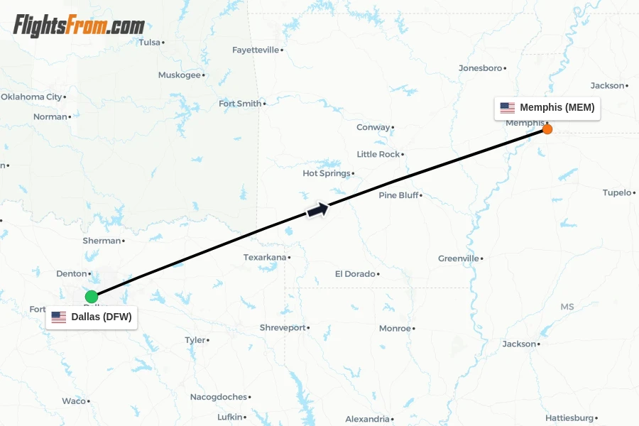 Flights from Dallas to Memphis route map