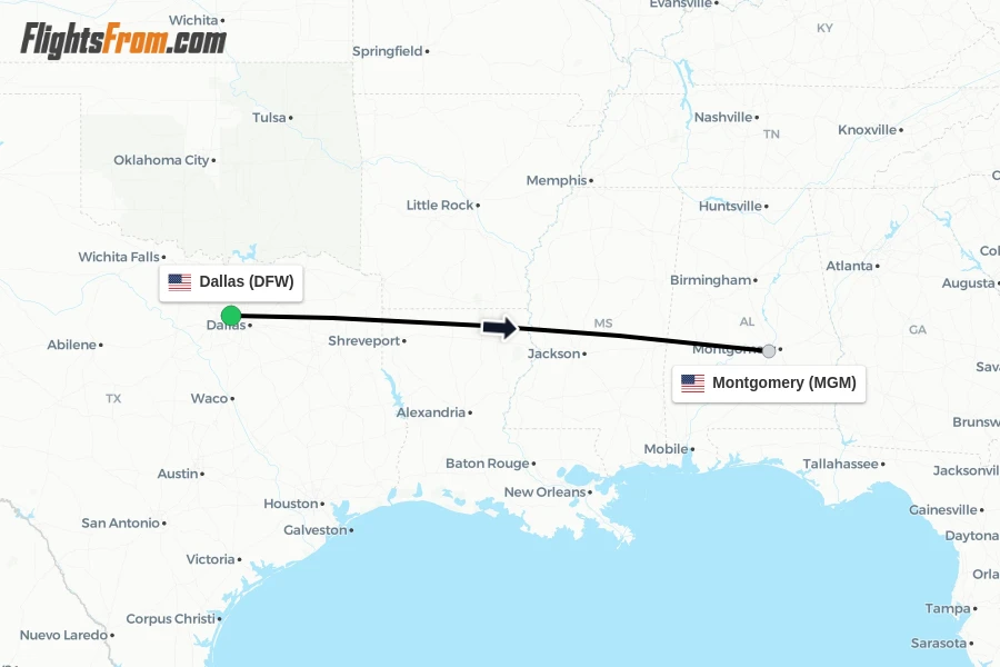 Flights from Dallas to Montgomery route map