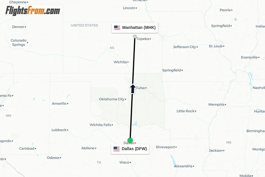 Flights from Dallas to Manhattan route map