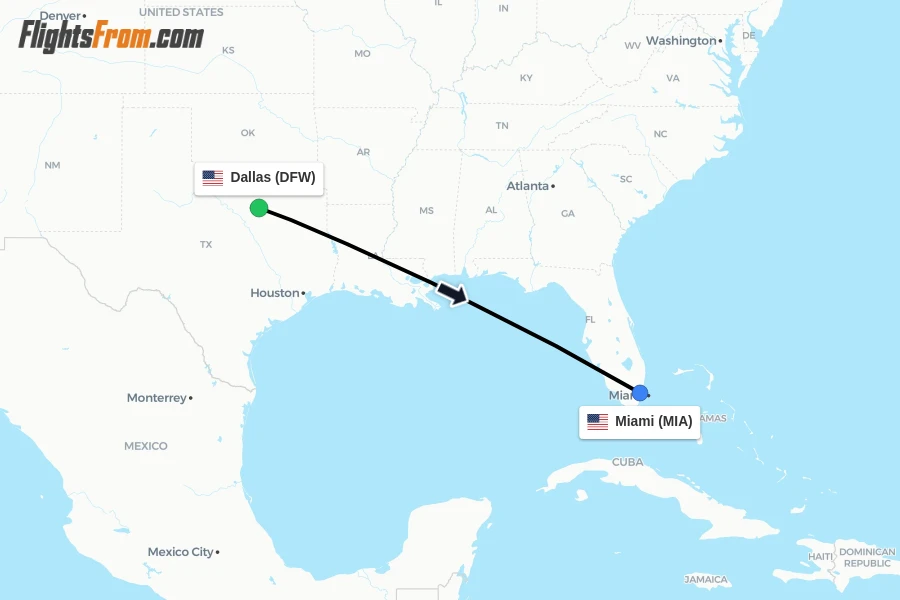 Flights from Dallas to Miami route map