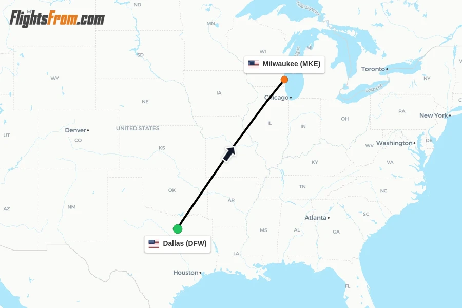 Flights from Dallas to Milwaukee route map