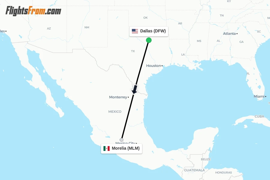 Flights from Dallas to Morelia route map