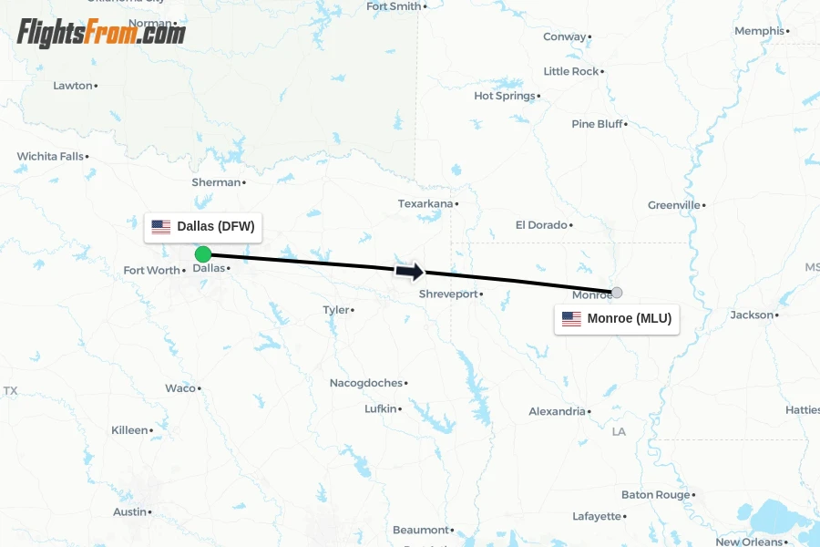 Flights from Dallas to Monroe route map