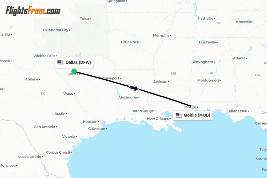 Flights from Dallas to Mobile route map