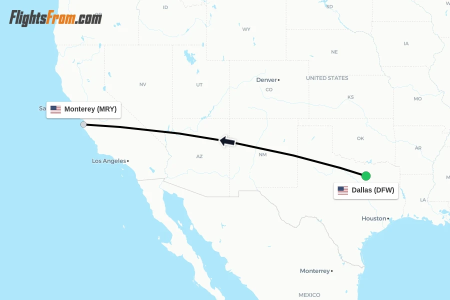 Flights from Dallas to Monterey route map