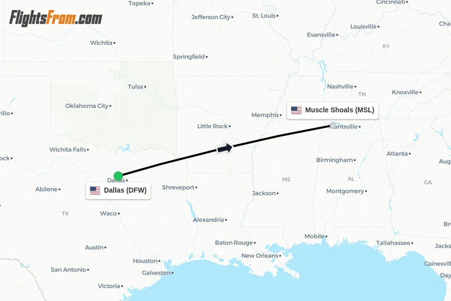 Flights from Dallas to Muscle Shoals route map